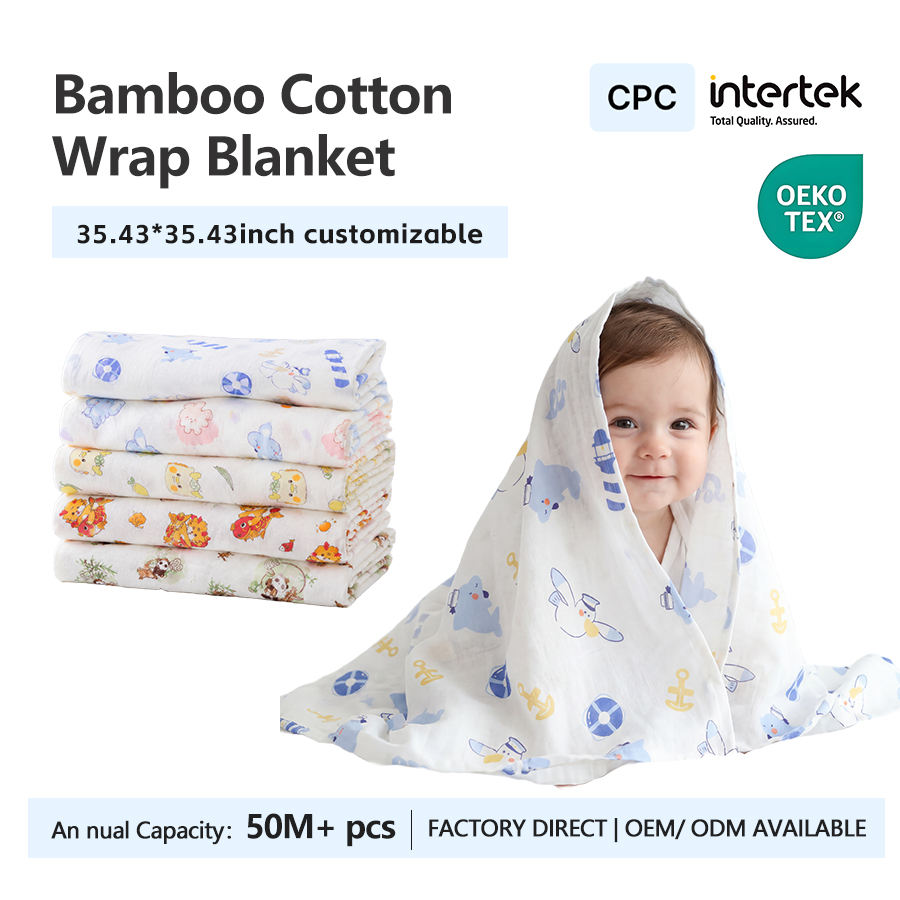 Soft Bamboo Cotton Baby Swaddle Blanket Double Layer Muslin Wrap Nursing Cover Stroller Shade Cartoon Infant Receiving Wrap