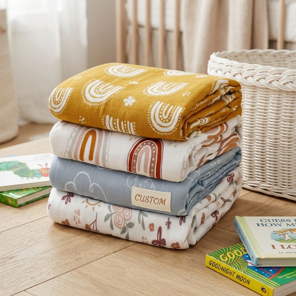 Custom Logo Newborn Swaddle Wraps Cotton Baby Muslin Swaddle Blankets Breathable Muslin Blankets OEM&ODM Kids Bedding 120*110cm