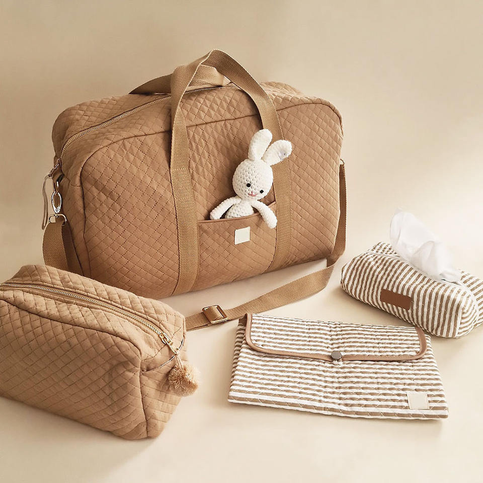 Custom Size Logo Cotton Padded Quilted Duffle Weekend Mom Mummy Mommy Diaper Tote Bag With Adjustable Crossbody Strap