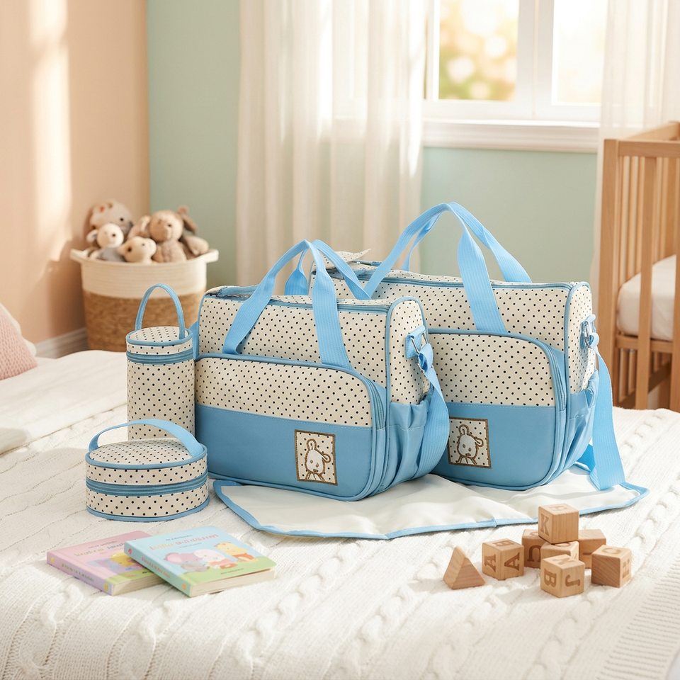HTAR Fashion Polka Dot Mommy Diaper Bag 5Pcs Set Waterproof Breathable Large Capacity Multifunctional Maternity Travel Storage