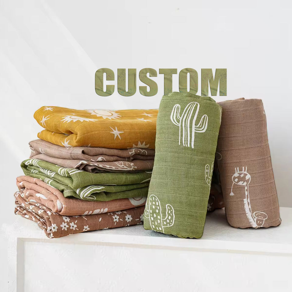 Customizable Infant Baby Swaddle Wrap Blanket 2 Layer Soft Muslin 70% Bamboo 30% Cotton Bath Towel Receiving Blanket