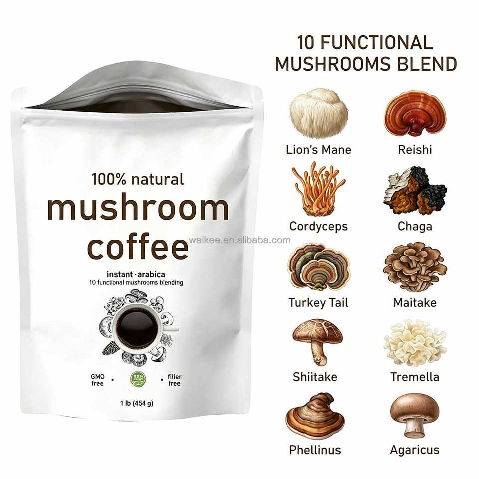 Private Label Organic Mushroom Coffee Instant Arabica 454g 10 Functional Mushrooms No Jitters Nootropic Coffee for DailyWellness