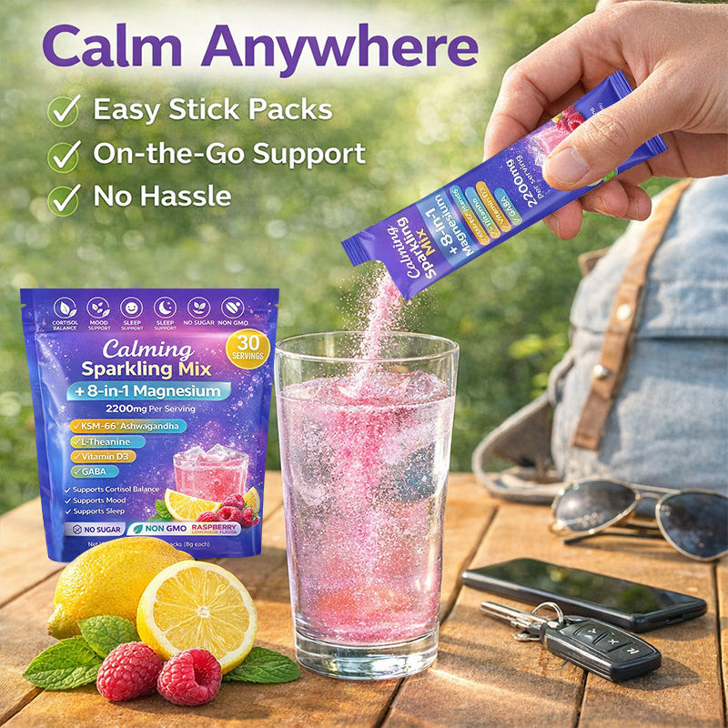 8 in 1 Magnesium Calming Sparkling Mix Private Label Ashwagandha L Theanine GABA Sugar Free Raspberry Lemon 30 Servings