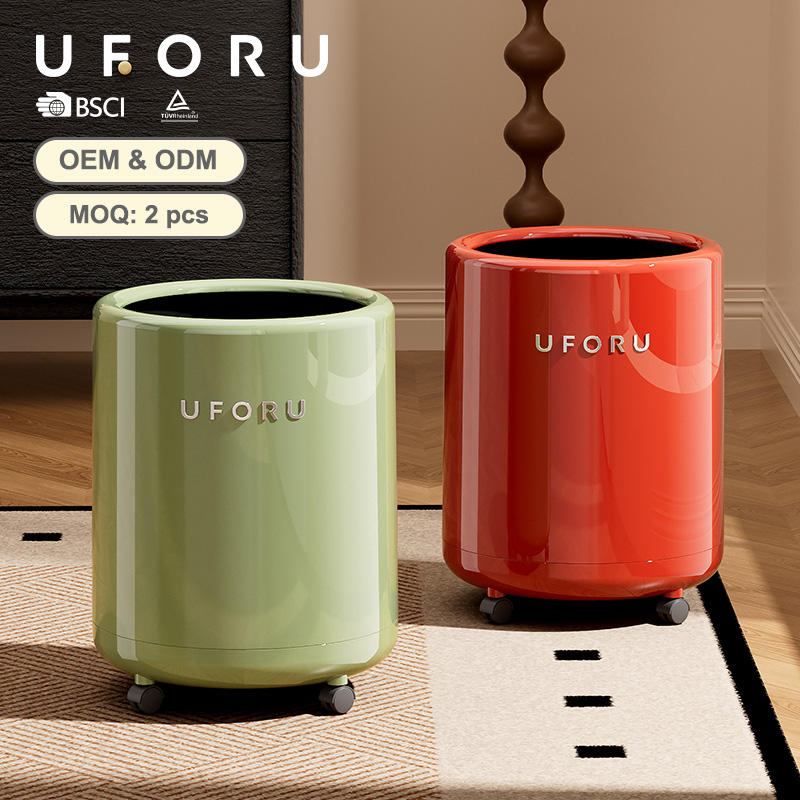 UFORU Cubo De Basura Indoor Trash Bin Wholesale Premium Kitchen Living Room Open Top Round Plastic Waste Bins With Wheels