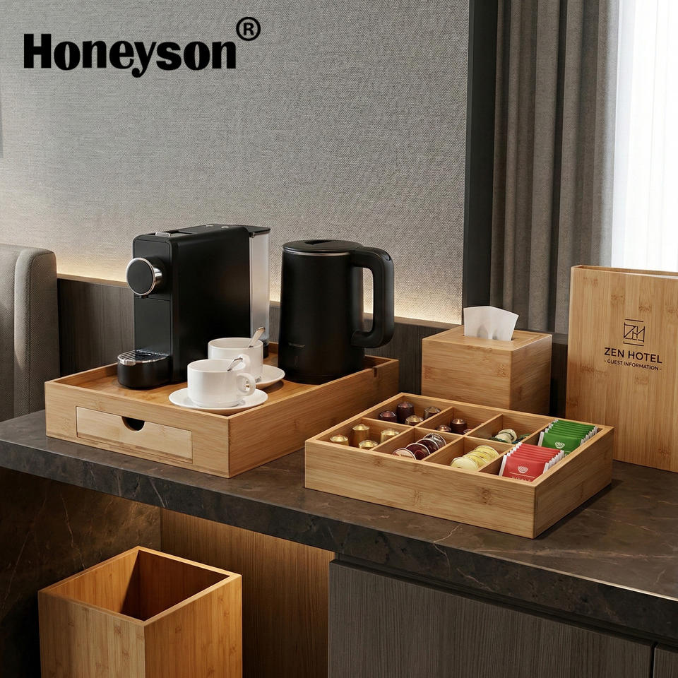 Honeyson Biodegradable Bamboo Travel Size Hotel Hospitality Tray Set Electric Kettle Coffee Pod Organizer Guest Room Tea Station