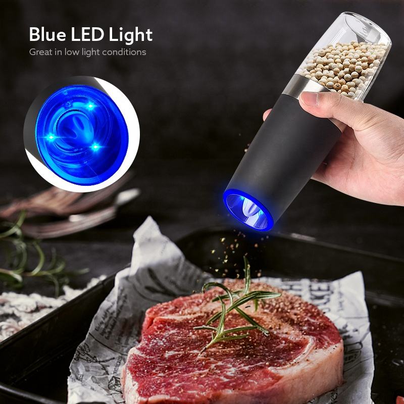 Trending Products 2025 Stainless Steel Gravity Electric Salt and Pepper Grinder Set with Blue LED Light Adjustable Coarseness