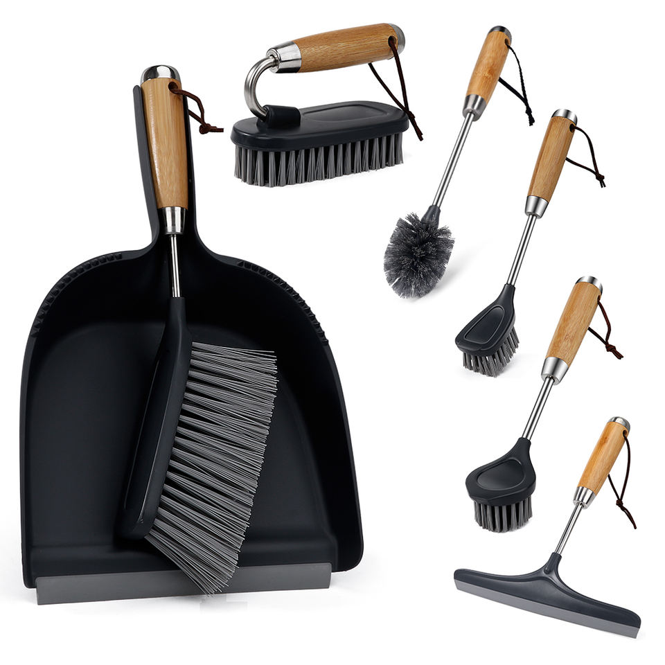 Masthome Bamboo & Stainless Steel Series Dustpan and Brush Set Dustpan With Brush