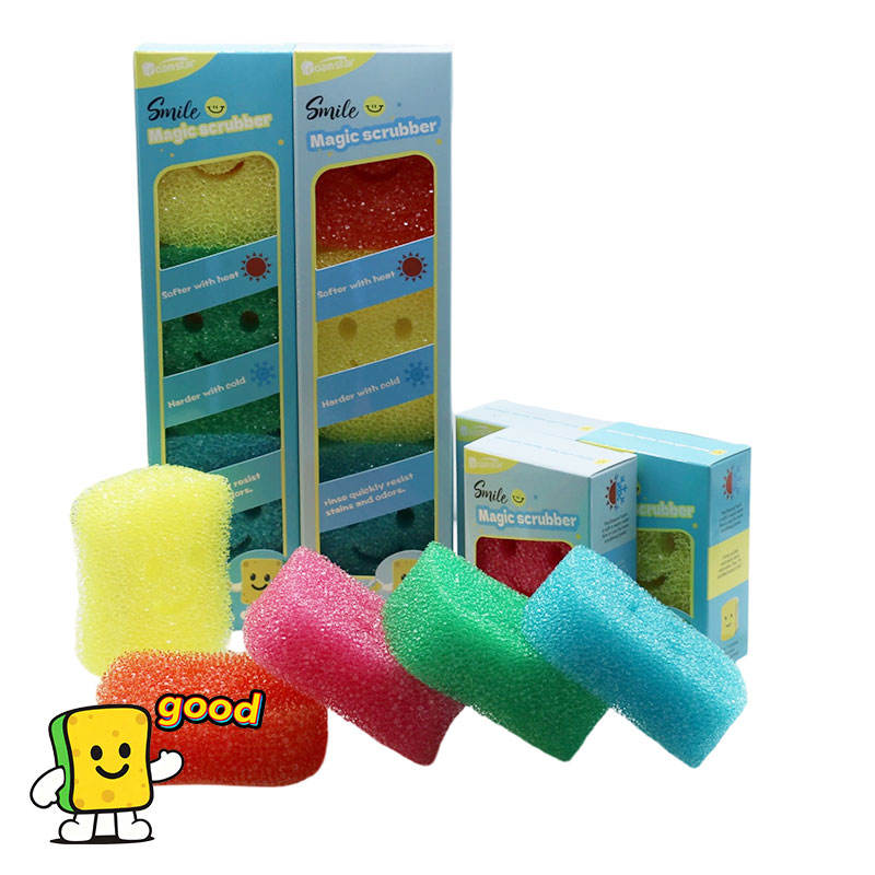 Hengfeng Custom Smile Magic Scrubber Soft in Warm Water Firm in Cold Water Temperature Controlled Scrub Kitchen Sponge Scourer