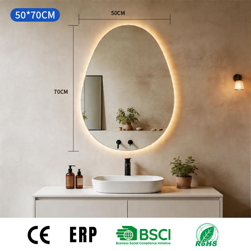 Joystar 50*70CM LED Bathroom Mirror 12W Dimmable Backlight Irregular Frameless Bath Room Mirror Light With Factory Price