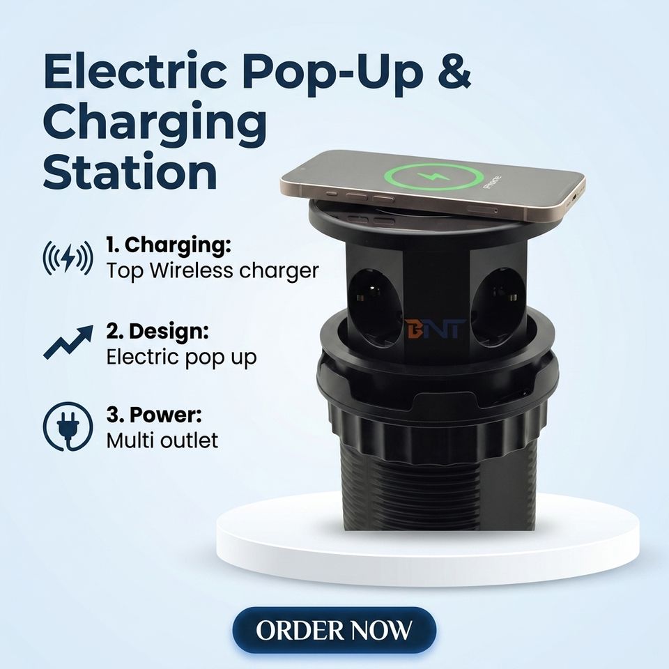 15W Wireless Charger Electric Lifting EU Power Pop up Socket Hidden Outlet 3 Outlets IP44 Tabletop Socket Kitchen Office Desktop