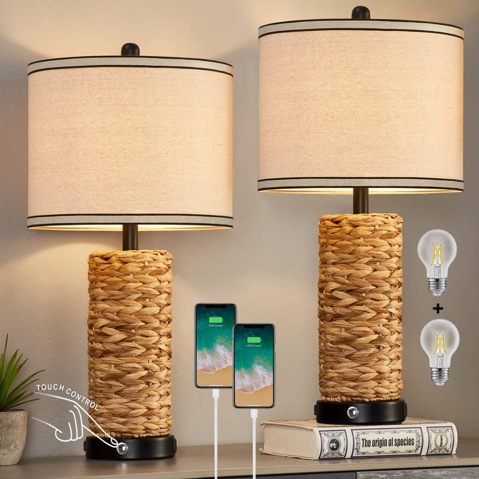 Boho Rustic Metal Table Lamps Set 2 Bedside Nightstands LED Dimmable Eco-Friendly Eye Caring Bedroom Living Room