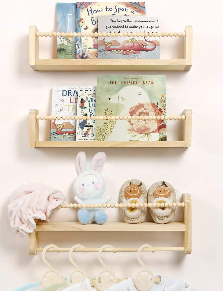 Nursery Floating Shelves Set of 3 Carved Natural Wood Wall Mounted Organizer with Towel Bar and Tool Storage