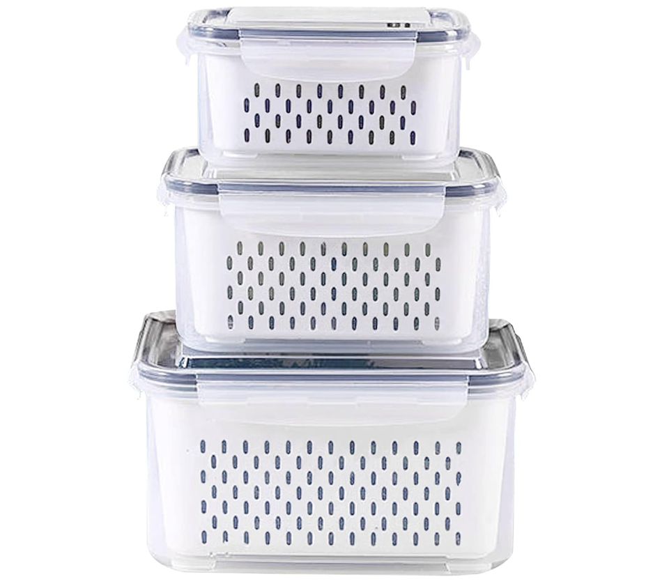 3Pack BPA-Free Plastic Produce Keepers Plastic Fresh Produce Saver Fridge Food Storage Container Set with Lids with Strainer
