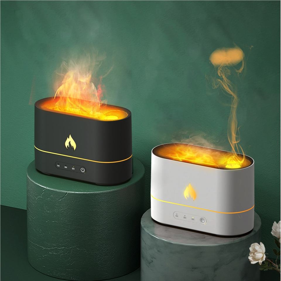 Type-C Ultrasonic Colorful Flame Air Aroma Diffuser Humidifier 7-Color LED Light Timing Function Household Use French Support