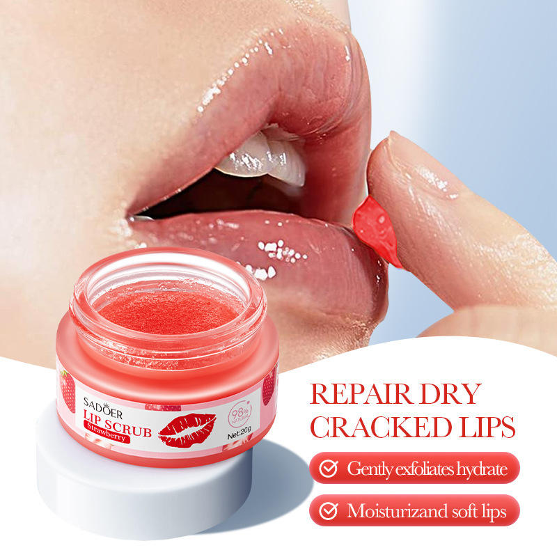 Hot Selling SADOER Strawberry Brightening Herbal Organic Natural Moisturizing Lip Cream Collagen Vitamin C Hyaluronic Lip Scrub