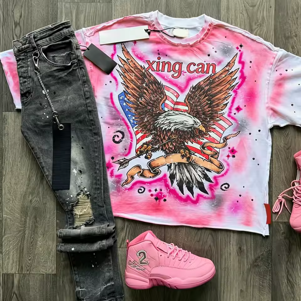 Men's Bestseller Set, Heavyweight Cotton DTG Digital Print Rhinestone T-Shirt, Acid Wash Jeans, Customizable