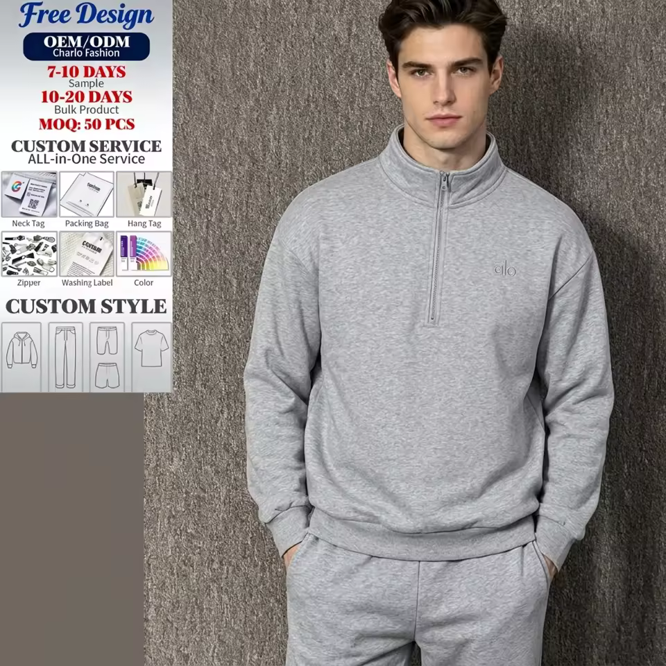 Casual Anti-Shrink Breathable Wholesale High Quality Solid Men's Clothing Quarter Zip Knitted 100% Cotton Hoodies Sweatpants Set