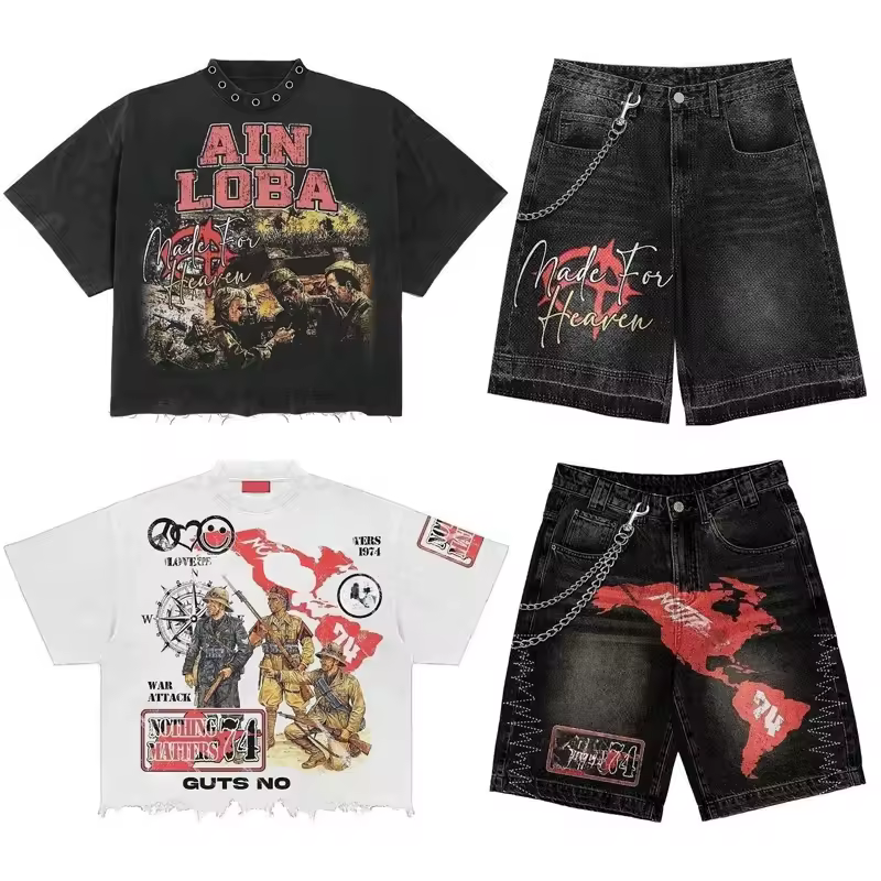 Premium Men's Vintage Casual Acid Wash Two-Piece Set High Quality Cotton Shorts DTG Printed T-Shirt Breathable Jersey Spring