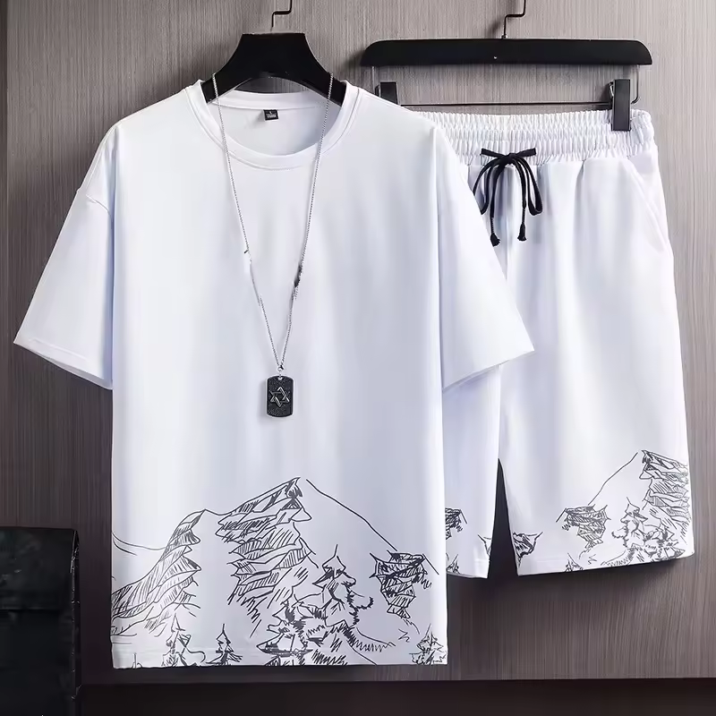 Men's Casual Summer New Solid Short-sleeved T-shirt Suit Korean-style Slim-fit Plus Size Sports Two-piece Set Snow Mountain