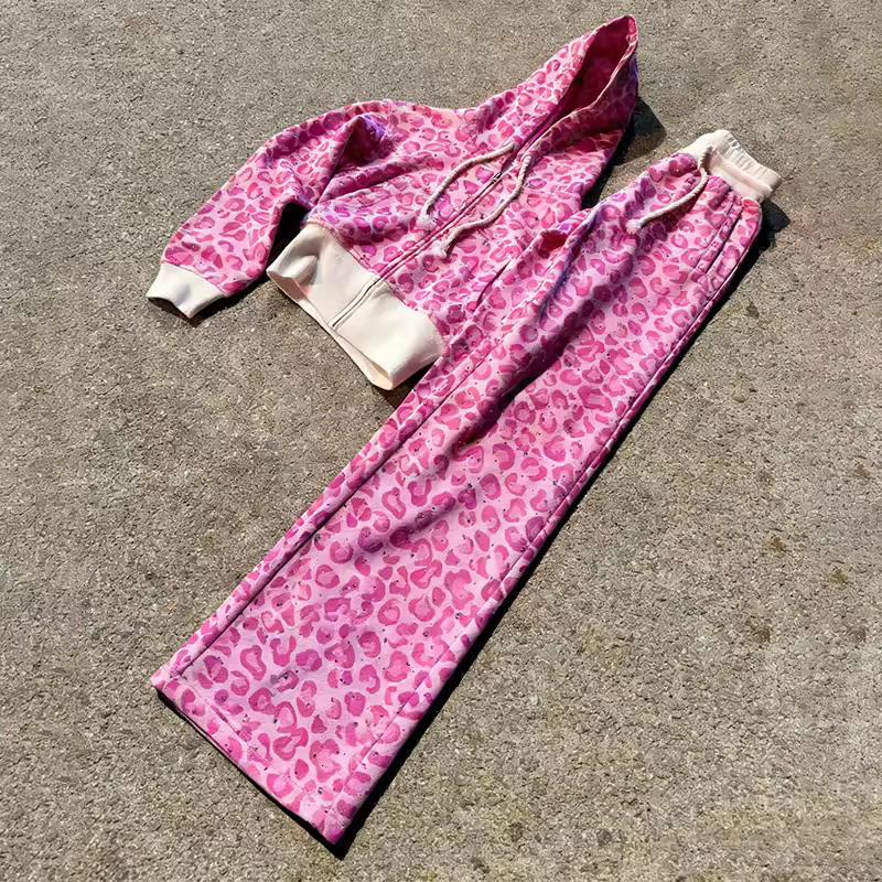 Custom Men's Sporty Oversized Knitted Satin Tracksuit Set-100% Cotton Full-Print Leopard Hoodie & Sweatpants