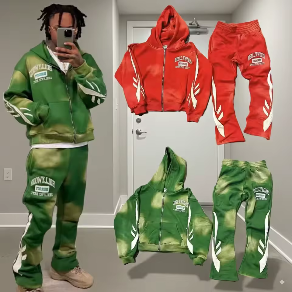 Men's Acid Wash Cotton Tracksuit Set - Heavyweight Zip Hoodie & Flared Sweatpants, Patch Embroidery, Streetwear Outfit