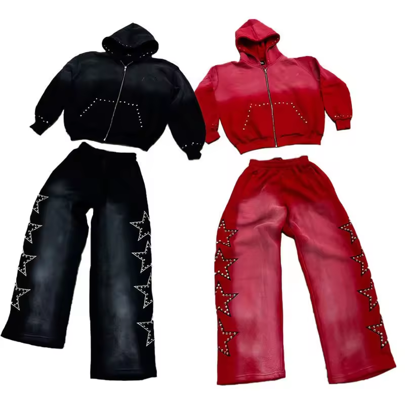 Custom Logo Men's and Sweatpants Set Acid-Washed 100% Cotton Rhinestone Full Zipper Plus Size Oversized Hoodie Set for Men