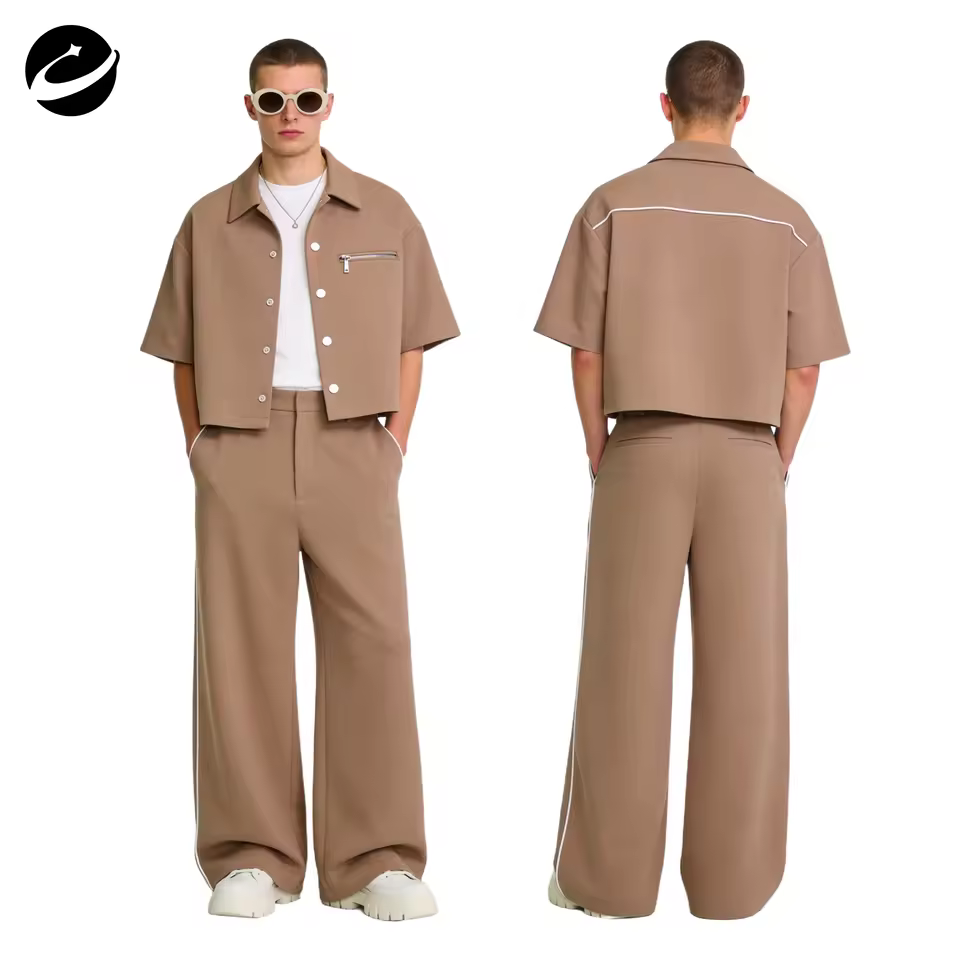 XUCHANG OEM Custom High Quality Manufacturer Man Casual Tracksuit Cropped Straight Leg Cotton Chino Twill Shirt Pants Set Men