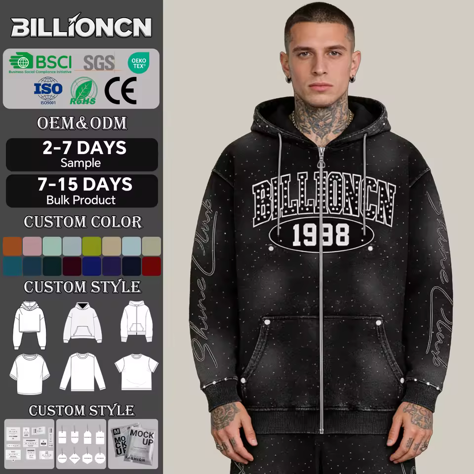 Custom Men's Streetwear Vintage Rhinestone Tracksuit French Terry Cropped Acid Wash Zip up Distressed Sweatpants and Hoodie Set