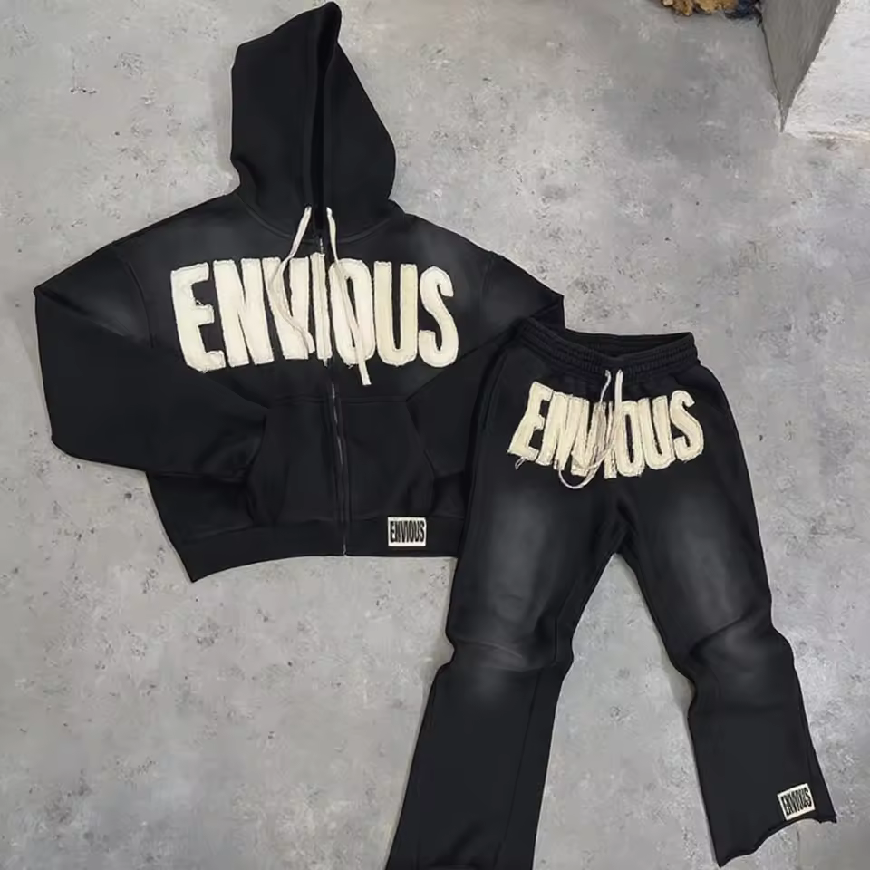 Wholesale Men's Custom Skull Logo Tracksuit Faded Acid Wash Cotton Track Suit Good Quality Vintage Hoodie Set with Printing