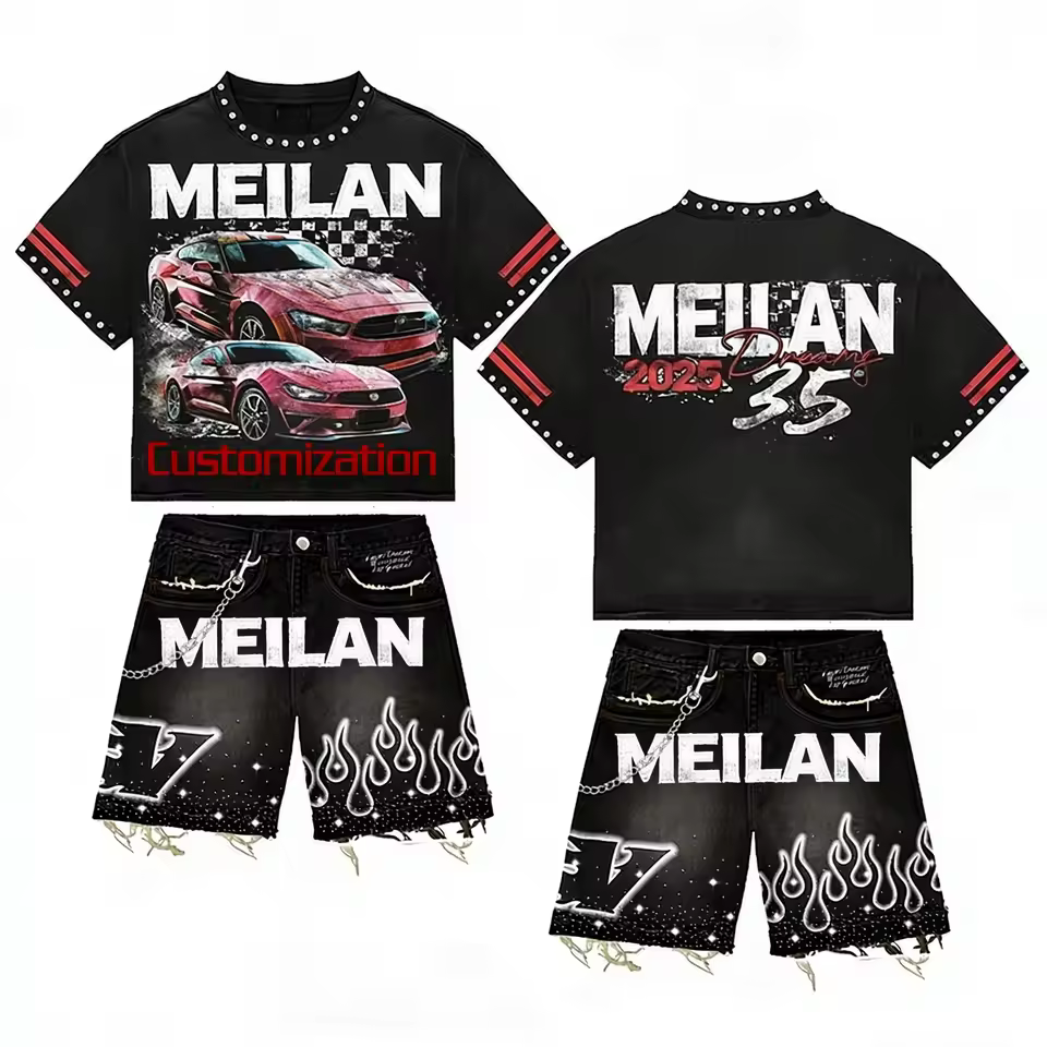 Custom Men's Sleeveless T-Shirt Sets Breathable Knit Vest Summer Graphic Printing Two-Piece Loose Street Design Rhinestone
