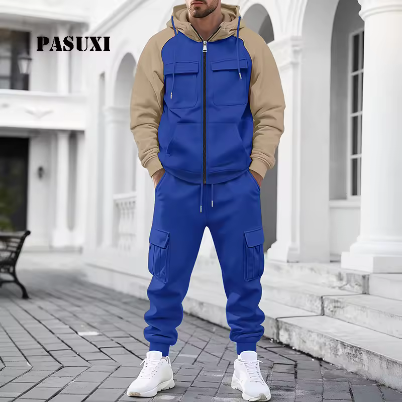 PASUXI High Quality Zipper Jacket Private Label Tracksuits Custom Tracksuit Set Sew Logo Mens Hoodie Sets