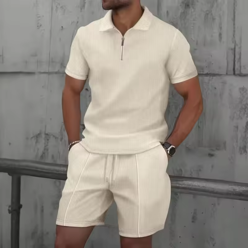 Custom Men's 2 Pieces Athletic Jogging Suit Sets Casual Short Sleeve Quarter Zip Lapel T Shirt and Sports Gym Shorts Set