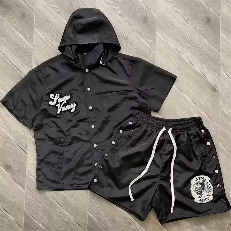 Customizable Men's Summer Casual Hooded Sweatshirt and Shorts Set a Two-Piece Set With a Detachable Hood and Short Sleeves