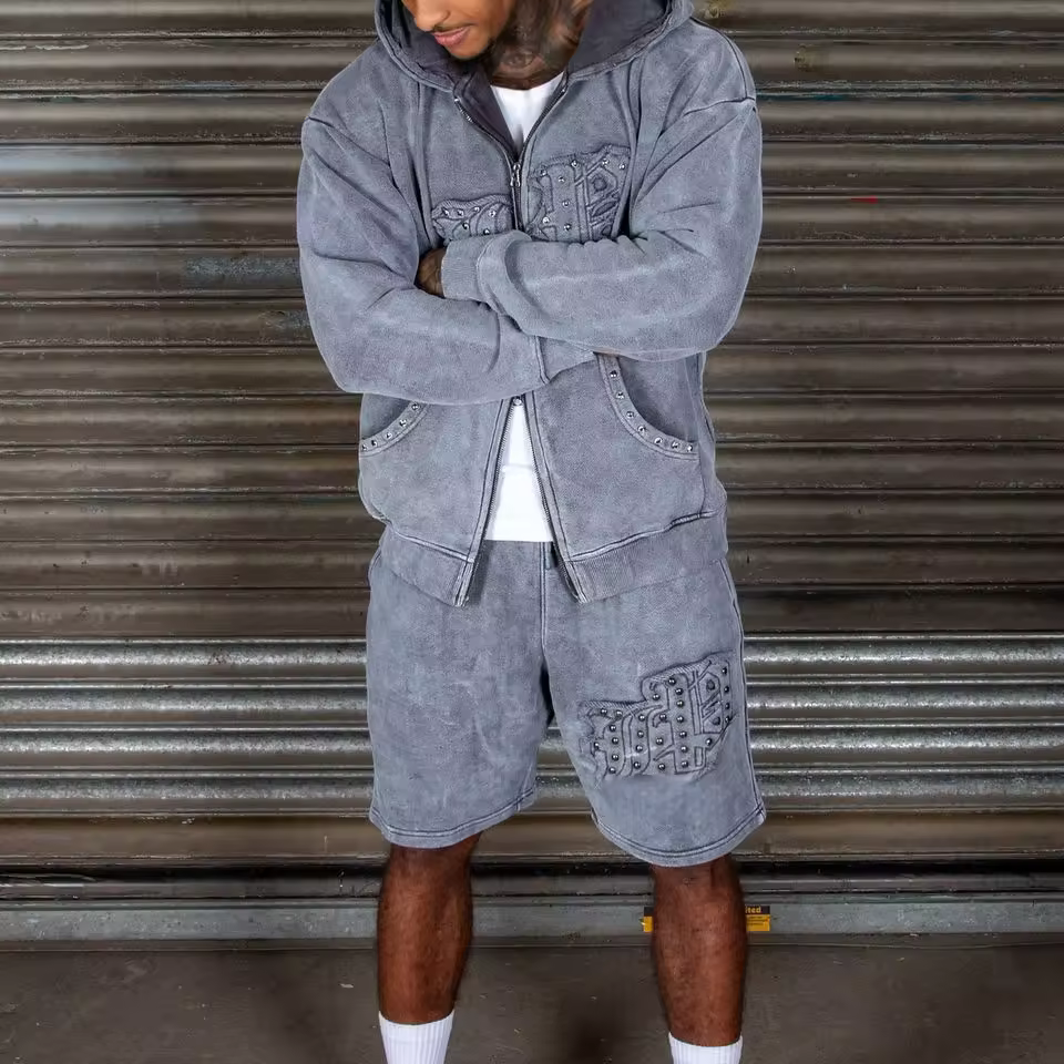 Custom Two Piece Sweatsuit Track Short Set Summer Distressing Embroidery Tracksuit Zip up Hoodie and Shorts Men Jacket Sets