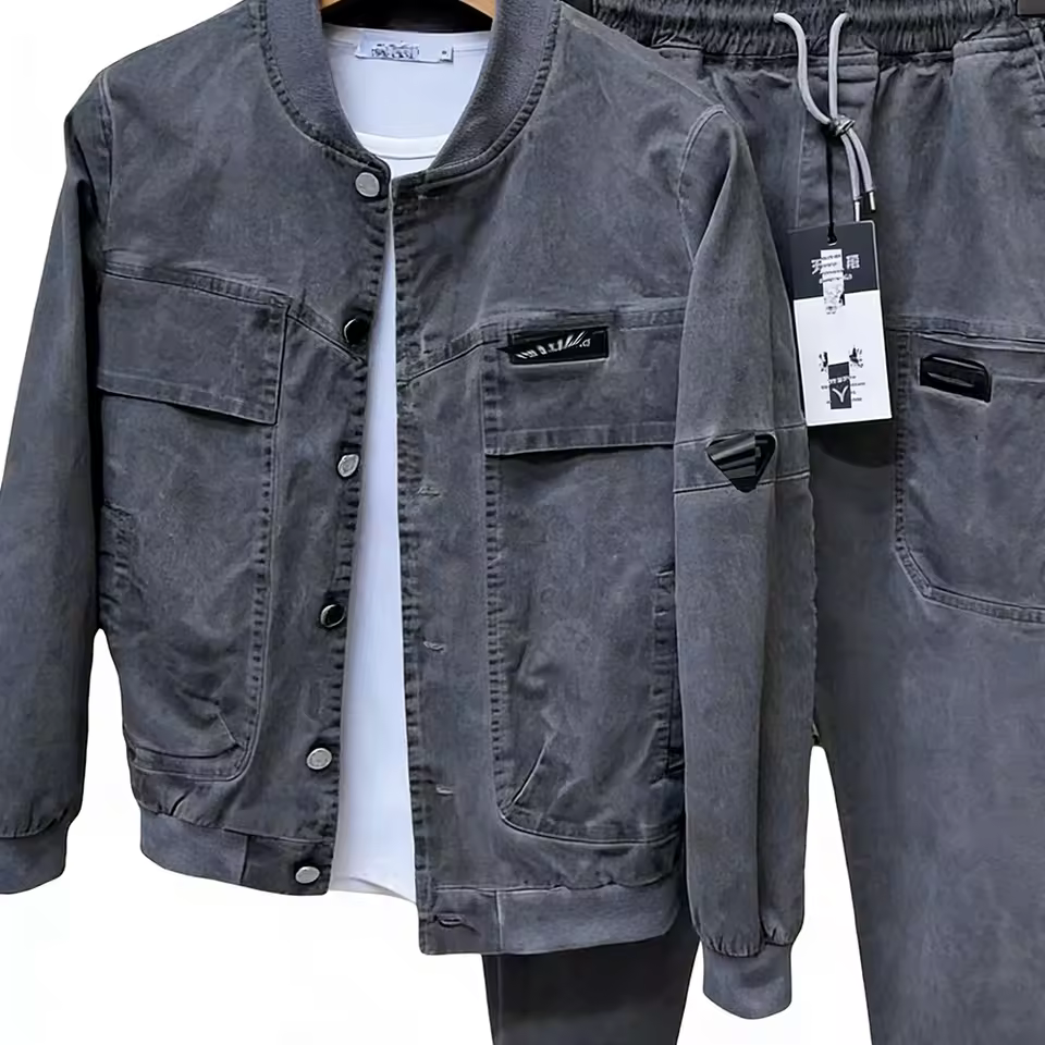 2026 Men's Casual Sports Suit New Slim Fit Two-Piece Set in Washed Denim Solid Color Spring and Autumn Fashion