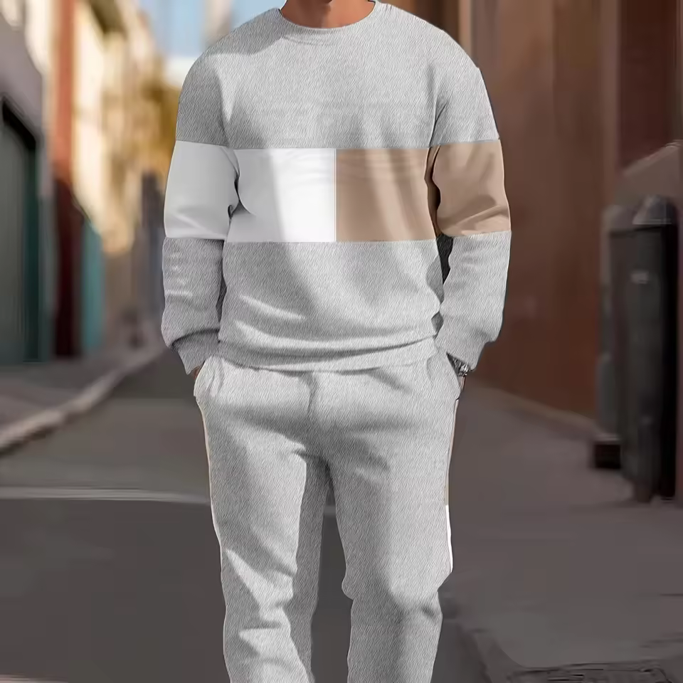 FONILBEST SPORTS WEARS Men's Casual Summer Set's Knitted Breathable High Quality 100% Polyester Solid Color Long Sleeve Crew