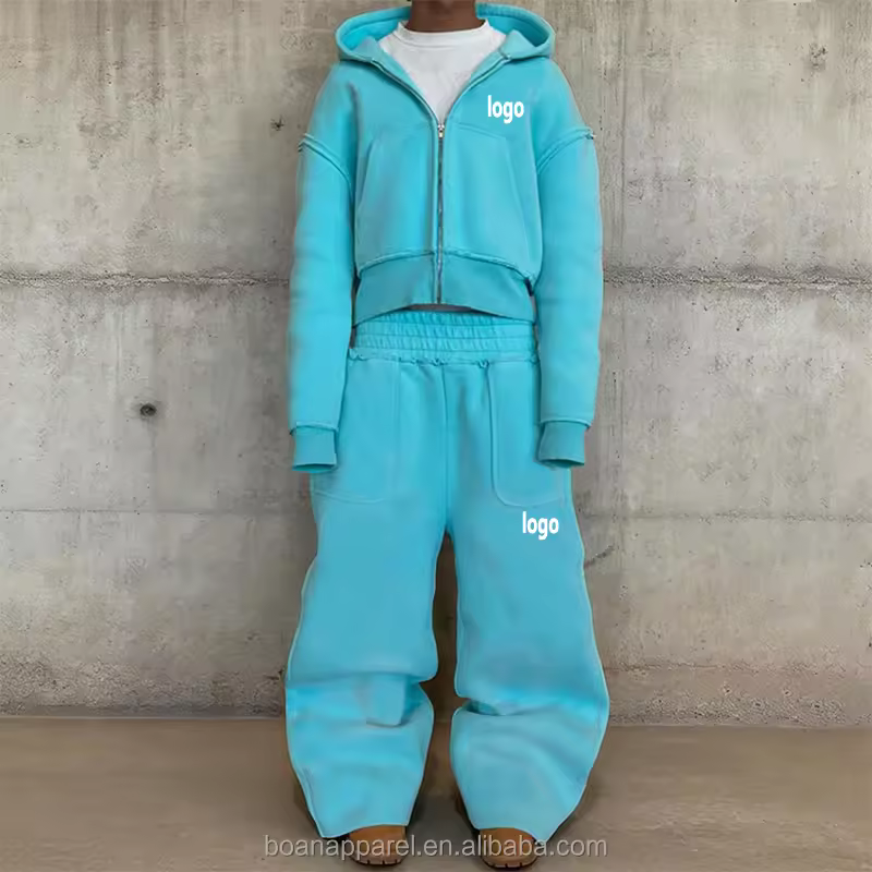 Custom Sun Faded Washed Men's Tracksuit Streetwear Jogging Suit Oversized Heavyweight Zip-up Hoodie and Sweatpants 2-Piece Set