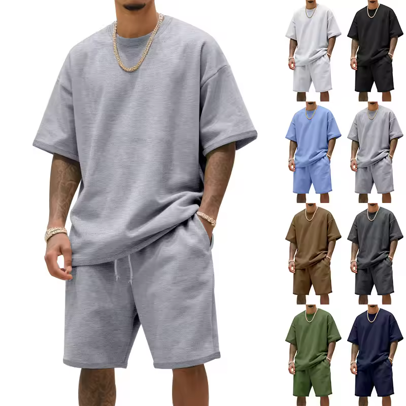 Cross-border European American Men's Summer Eco-Friendly Loose Heavyweight Terry INS Trendy Casual Sports Short-sleeve Set