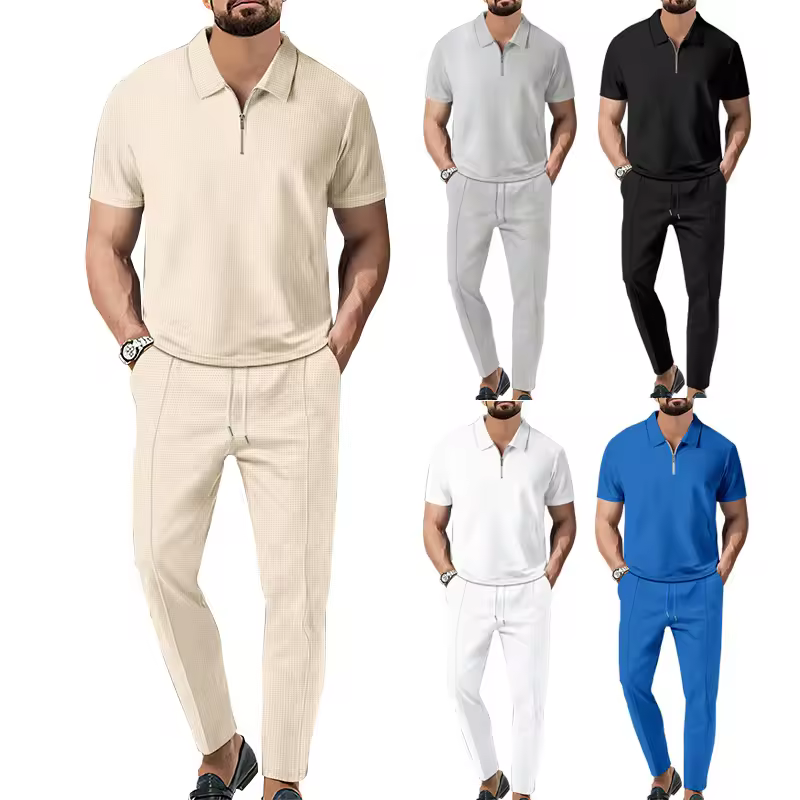 Men's Casual Two-Piece Summer Set Solid Color Collar Short-Sleeved Zipper Pant Suit Breathable