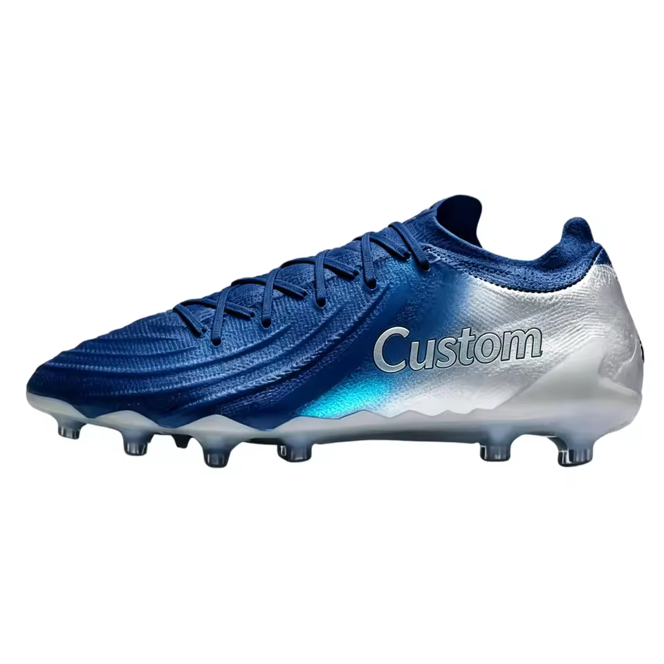 Professional Knitted Soccer Cleat Shoes Firm Ground Football Boot Blue White Fade Teamwear Customizable
