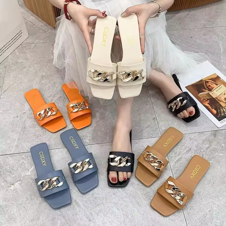 Ruizi   Women  Square Open Toe Chain Slide  Comfortable Slip on Pu Leather Summer Flat Sandals