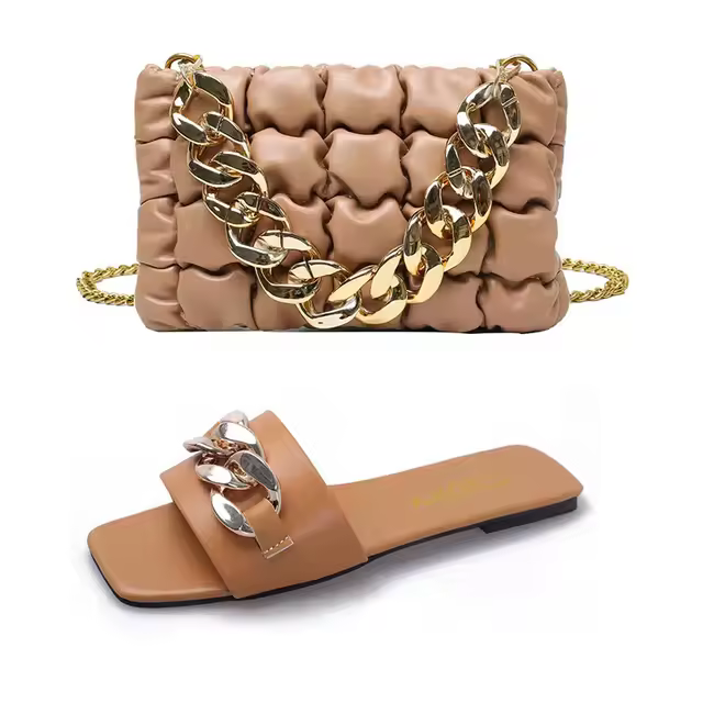 MD-188 Latest Fashion Summer Open Toe Metal Buckle Leather Slipper With Purse Shoulder Bags Two Pieces Set Women Beach Sandals