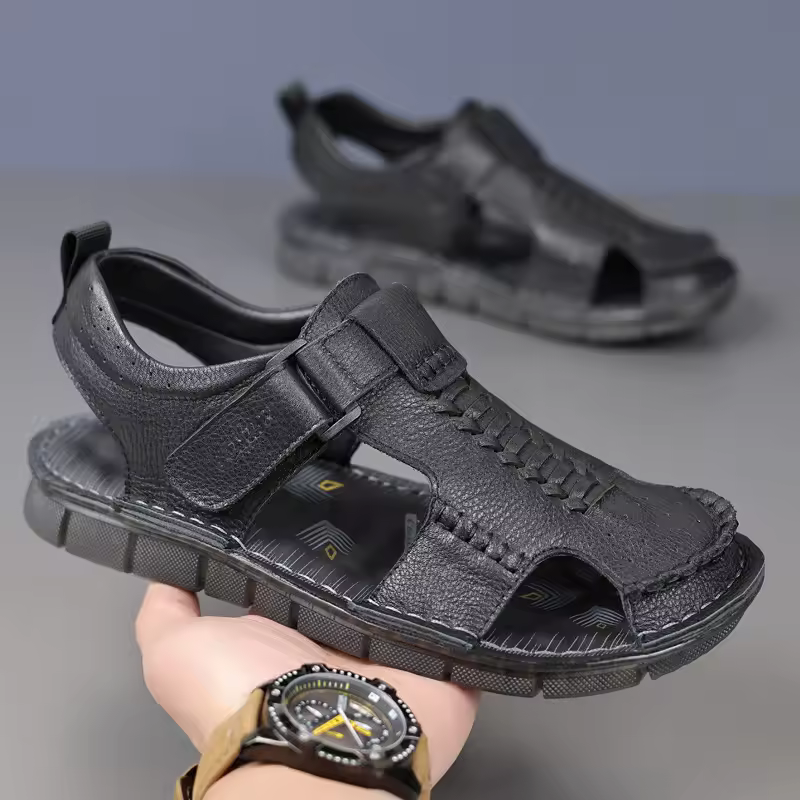 Summer High Quality Cow Leather Flip-Flops Breathable Mens Outdoor Sandals with Slip-On Closure Resistant Mens Shoes