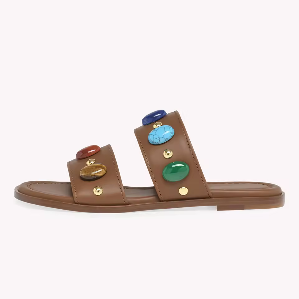 Bohemian Brown Flat Sandals Women Slide Slippers with Colorful Gemstone Studs Trendy Vacation Leather Footwear