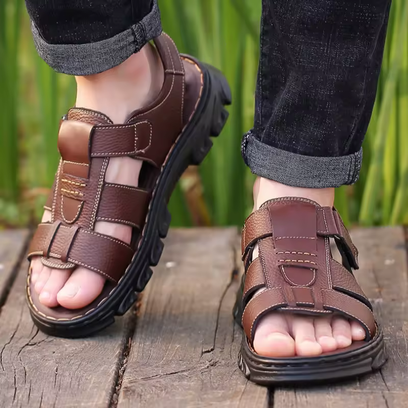 Wholesale 2026 Men's Premium Leather Slides Summer Soft Sole Outdoor Sport Sandals Casual Beach Slide Sandals