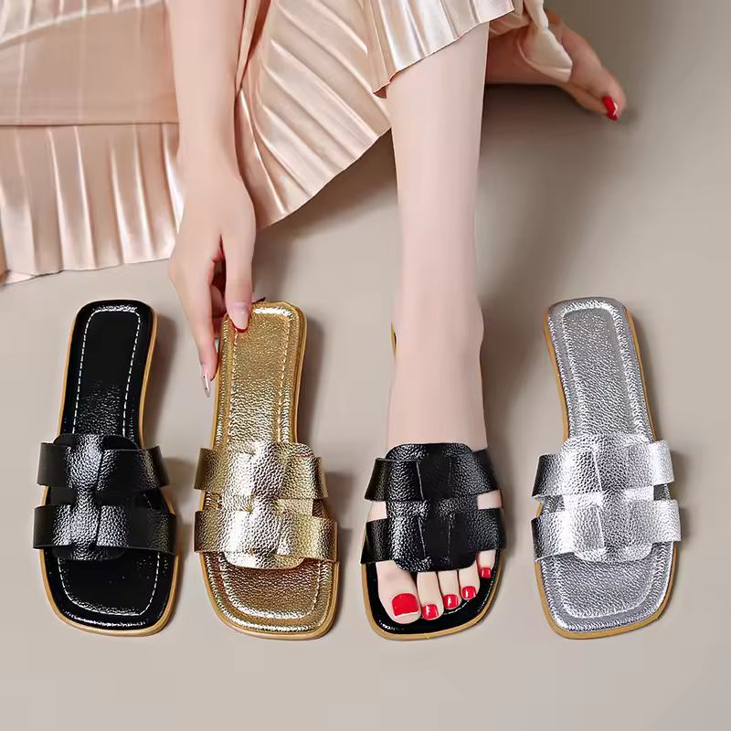 2025 New Leather Sandal for Ladies Square Open Toe Casual Block Heels Flip Flops Beach Slide Shoes Anti-Slippery Anti-Slip