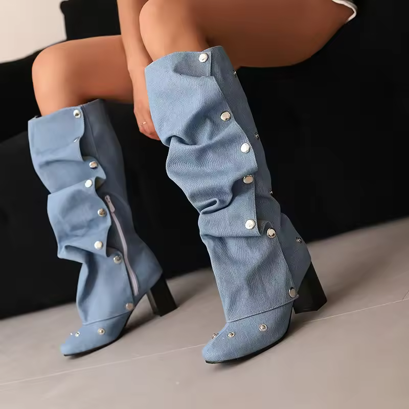2024 Fall Winter Latest Thick Heeled Cowboy Boots for Women Blue Multi Snap-fastener Pleated Shoes Zip Wide Calf Punk Boots