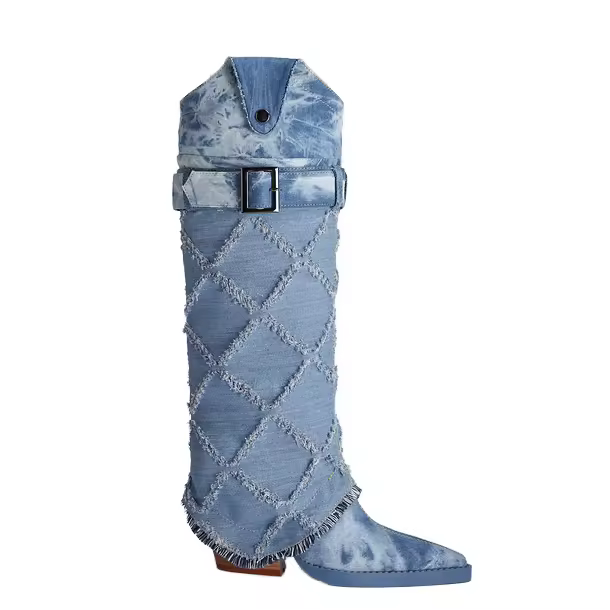 20223 Hot Selling Women Cowboy Winter Western Chunky Heel Plus Size 46 Blue Denim Knee High Boots