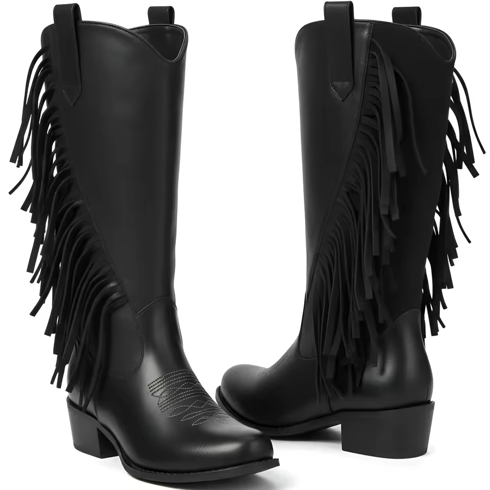 Fashion Womens Cowboy Boots Chunky Heel Wide Calf Booties Tassel Western Boots