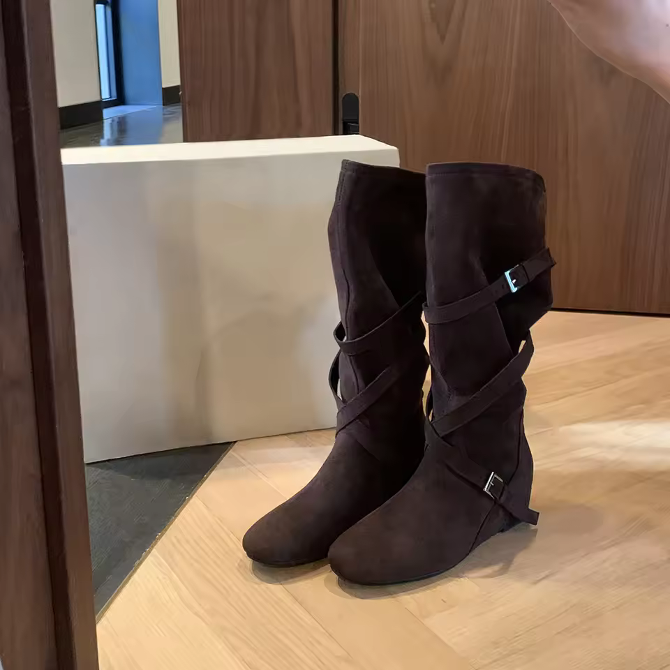 Women's Western Cowboy Boots 6 cm Height Korean Style Round Toe Buckle Mid-Calf Slimming Boots